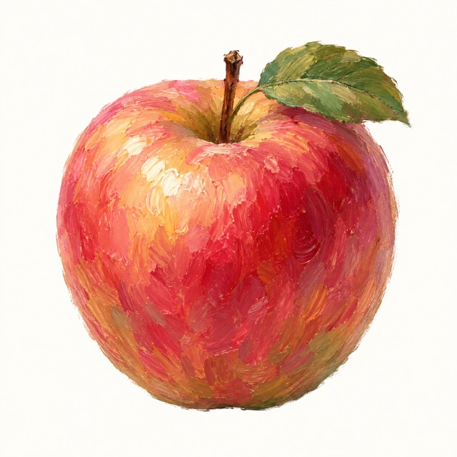 An apple painted in impressionist oil strokes