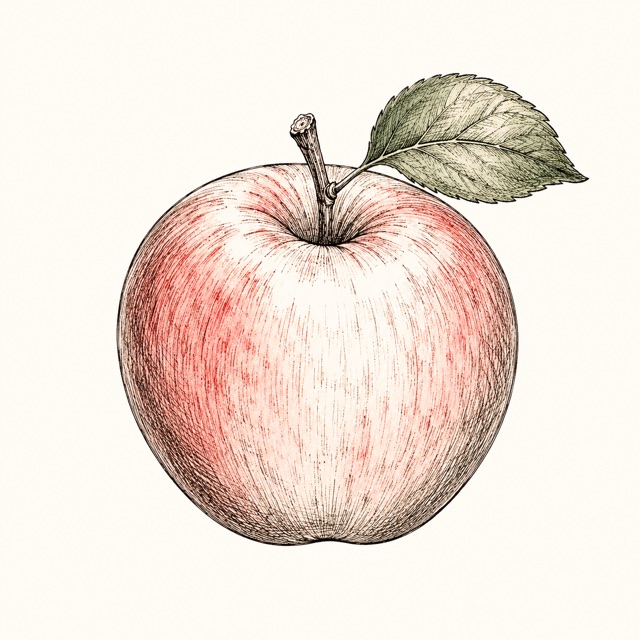 An apple drawn as a botanical ink sketch